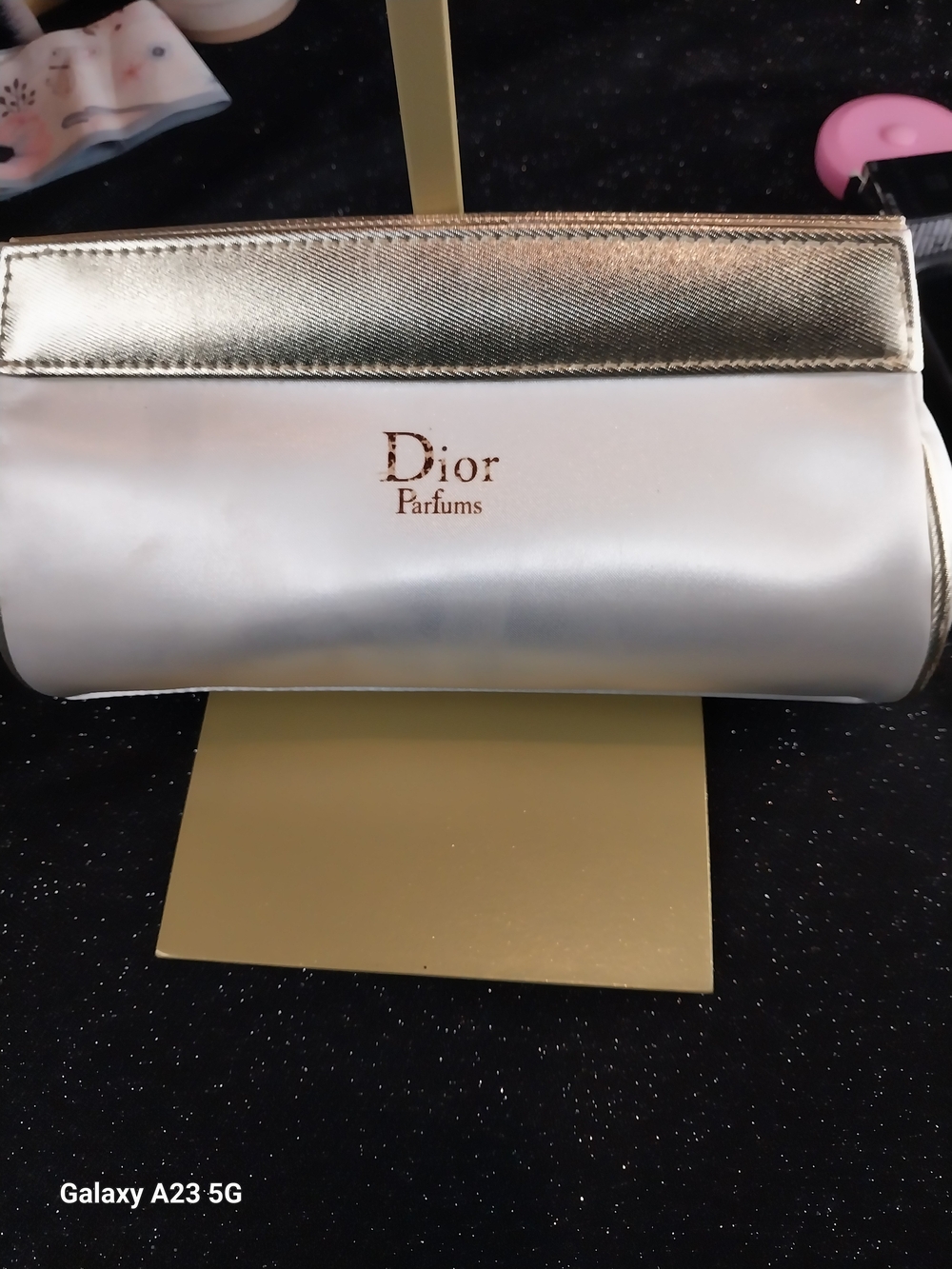 Dior Parfums Satin and Metallic Cosmetic Pouch - White & Gold Dual Snap Closures